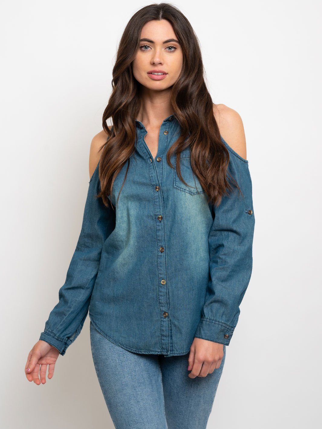 WOMEN'S COLD SHOULDER BUTTON DOWN CHAMBRAY TOP