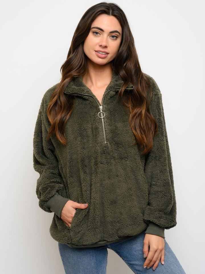 WOMEN'S FUZZY POCKETS ZIPPER CLOSURE PULLOVER SWEATER