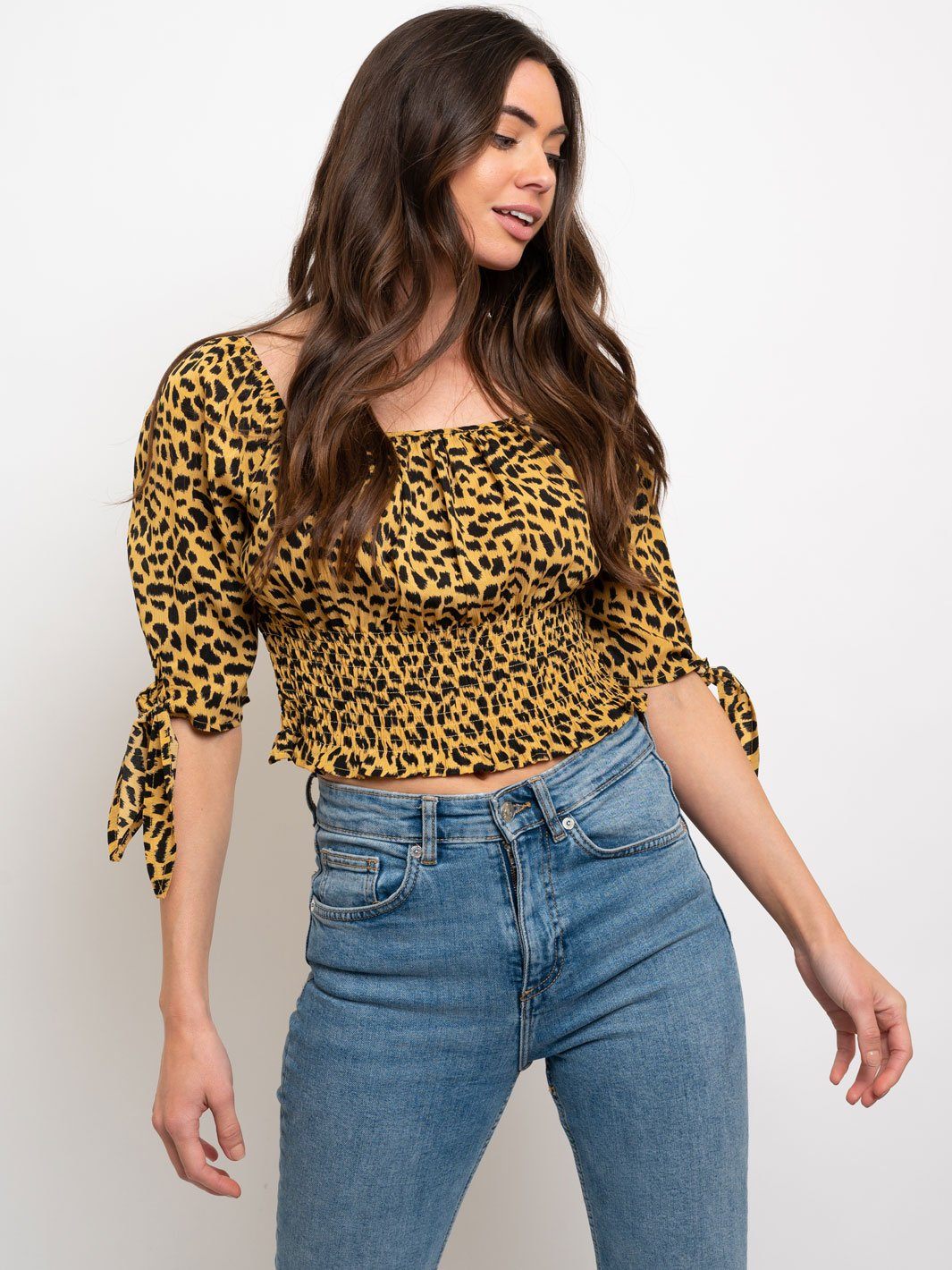 WOMEN'S ANIMAL PRINT SMOCKING WAIST TOP