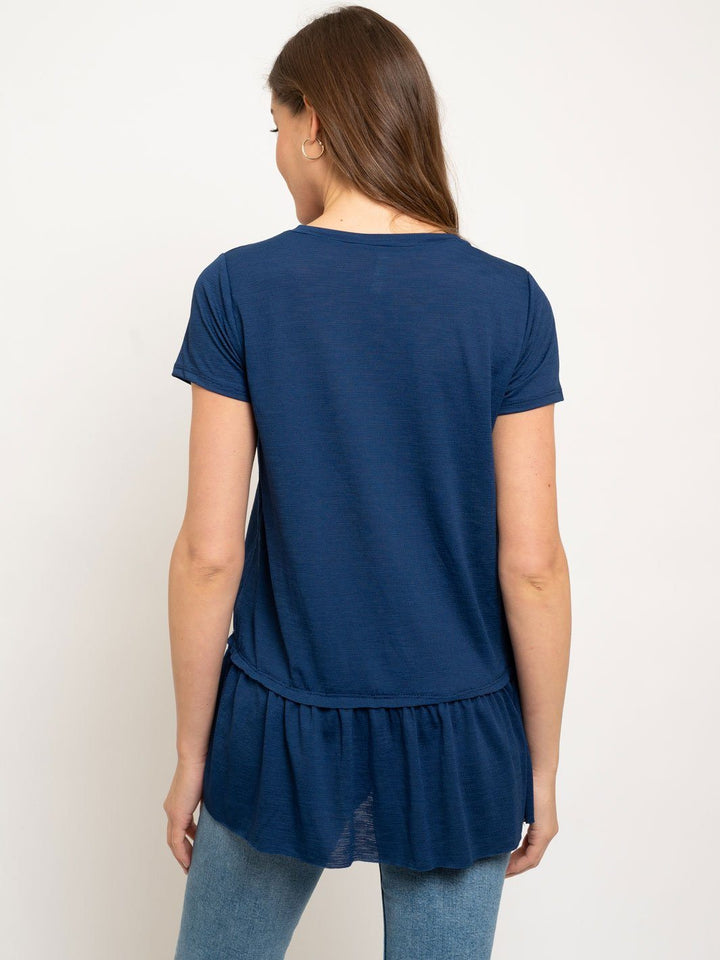 WOMEN'S TEXTURED KNIT TIERED HEM SHORT SLEEVE TOP