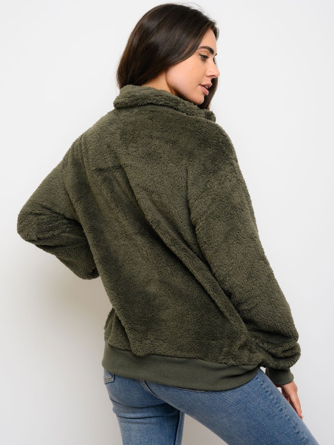WOMEN'S FUZZY POCKETS ZIPPER CLOSURE PULLOVER SWEATER