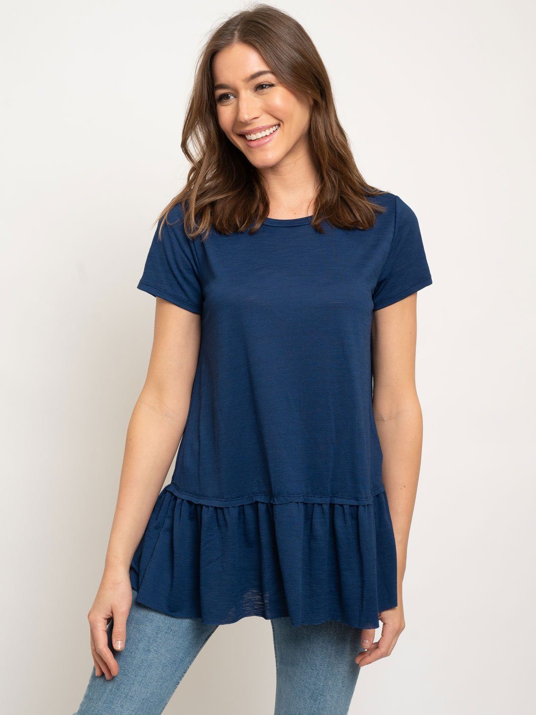 WOMEN'S TEXTURED KNIT TIERED HEM SHORT SLEEVE TOP
