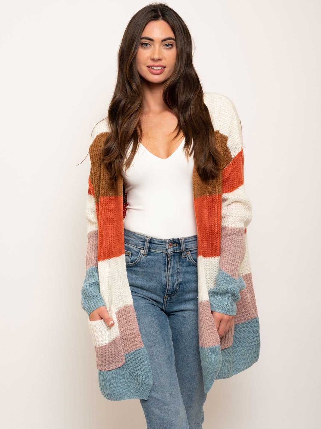 WOMEN'S MULTI STRIPE LONG CARDIGAN