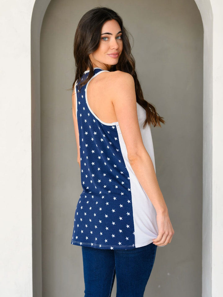 WOMEN'S SLEEVELESS FRONT POCKET PATRIOTIC PRINT TANK TOP