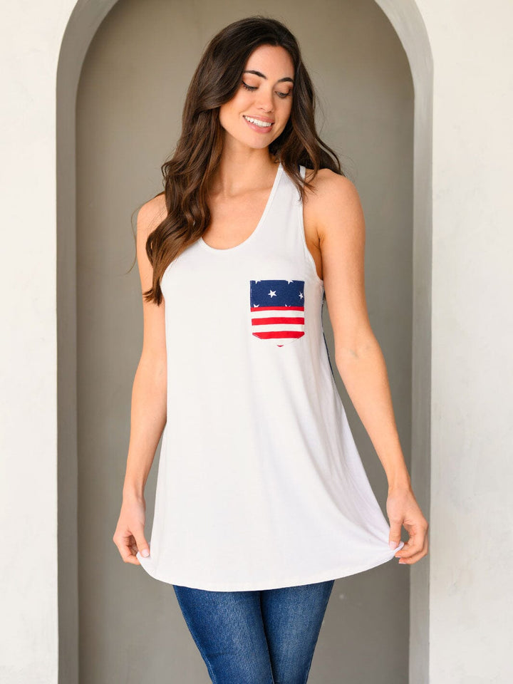 WOMEN'S SLEEVELESS FRONT POCKET PATRIOTIC PRINT TANK TOP