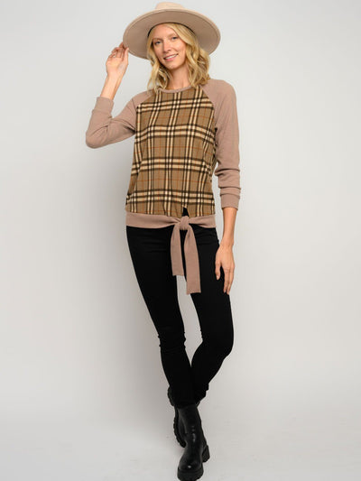 WOMEN'S PLAID PRINT LONG SLEEVE FRONT TIE TOP