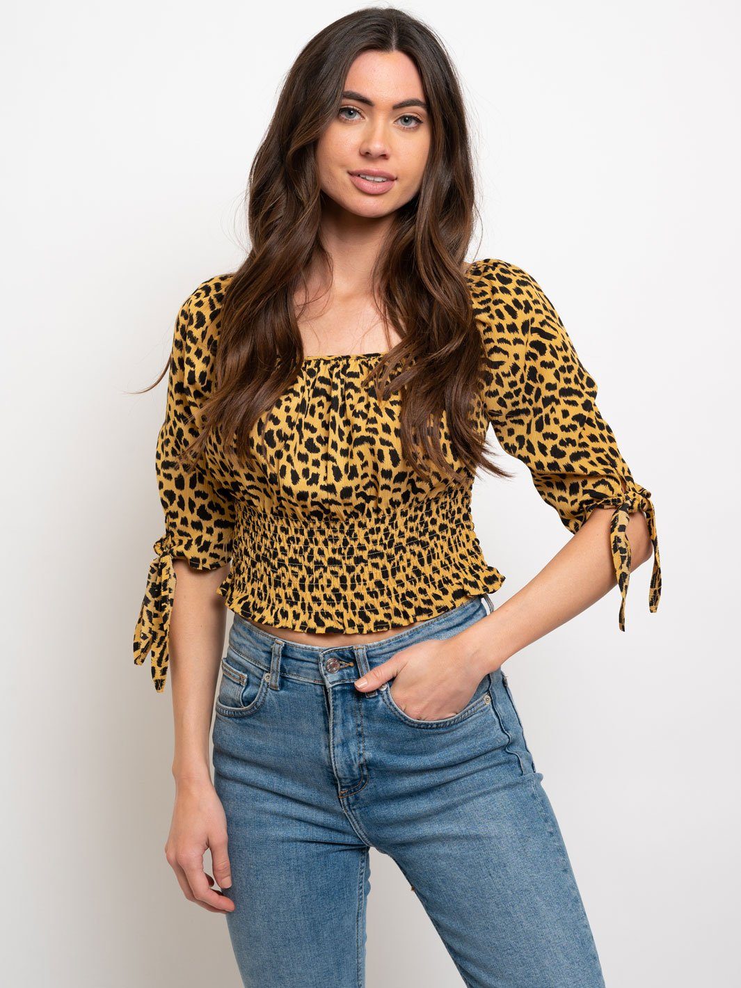 WOMEN'S ANIMAL PRINT SMOCKING WAIST TOP