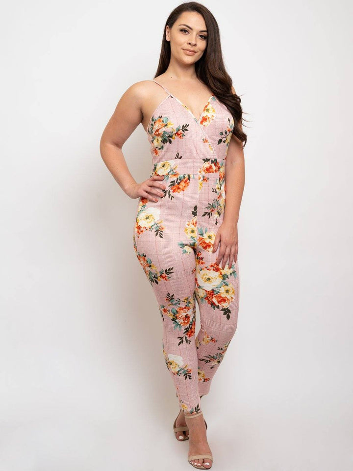 PLUS SIZE CHECKER FLOWER PRINT JUMPSUIT