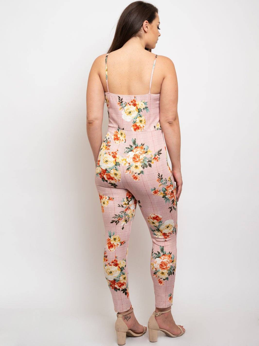 PLUS SIZE CHECKER FLOWER PRINT JUMPSUIT