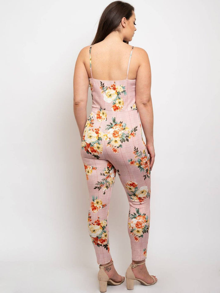 PLUS SIZE CHECKER FLOWER PRINT JUMPSUIT