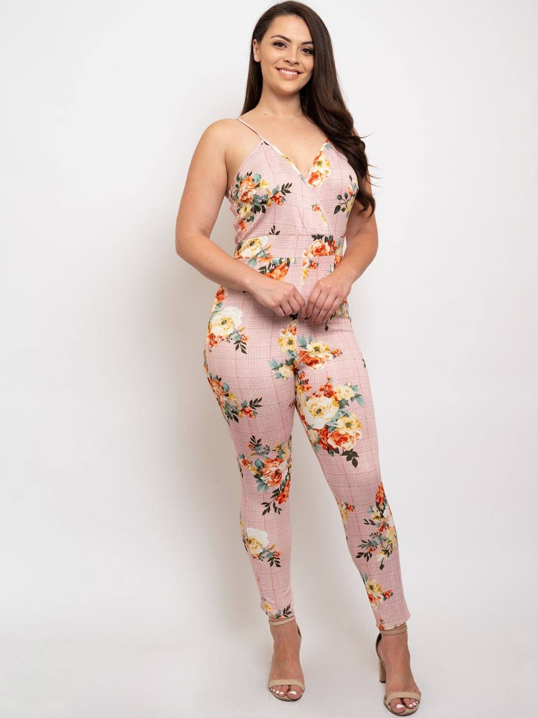PLUS SIZE CHECKER FLOWER PRINT JUMPSUIT