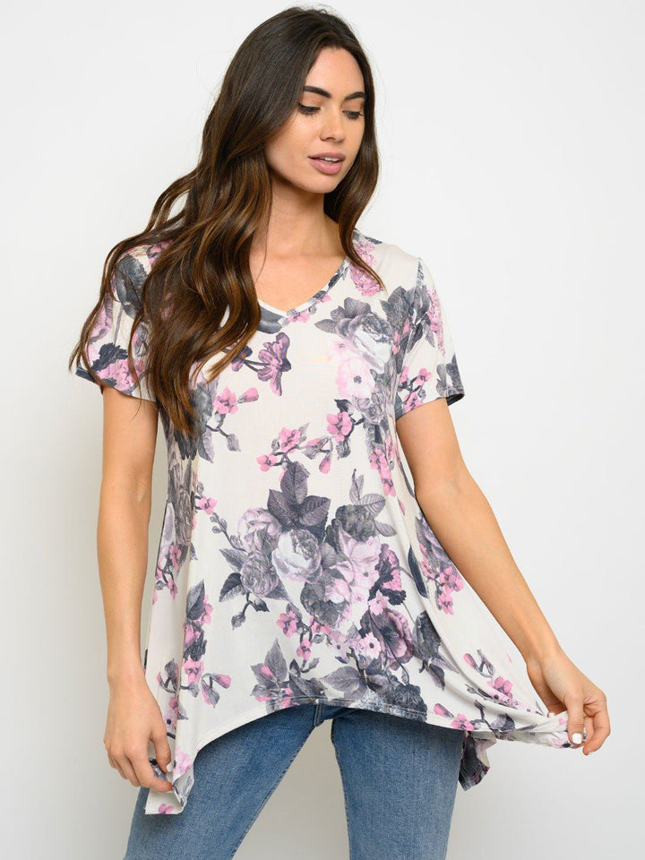 WOMEN'S SHORT SLEEVE FLORAL TUNIC TOP