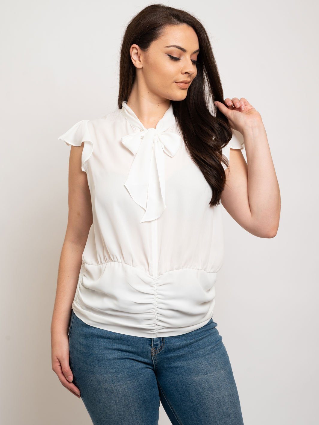 PLUS SIZE FRILL CAP SLEEVES WAIST SHIRRING TOP