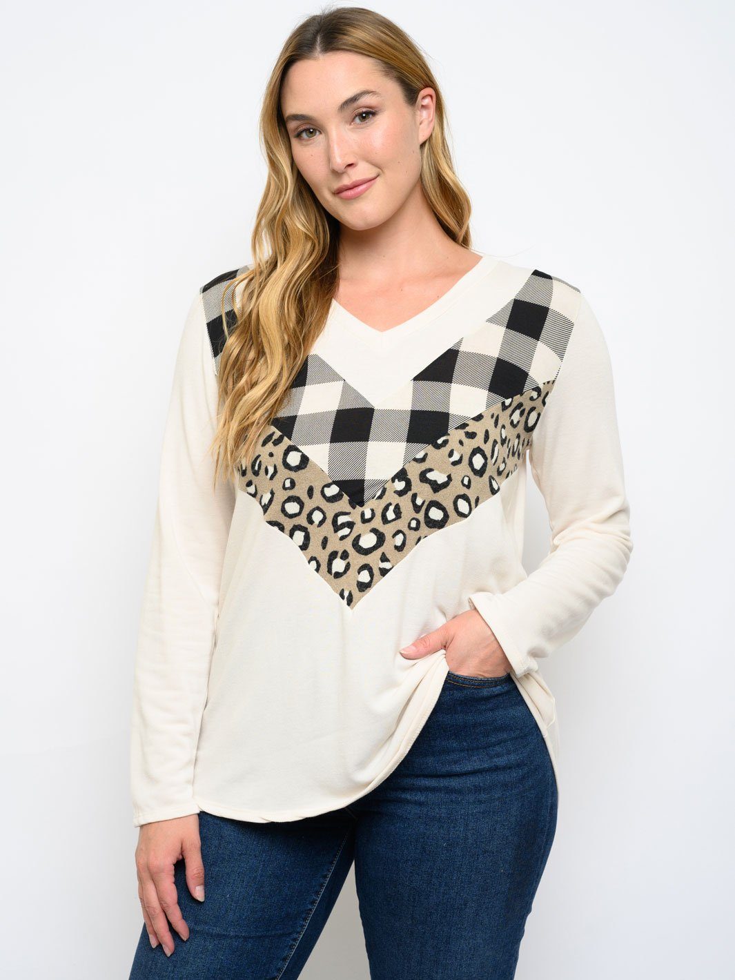 PLUS SIZE CHEVRON MULTI PRINT LONG SLEEVE TOP