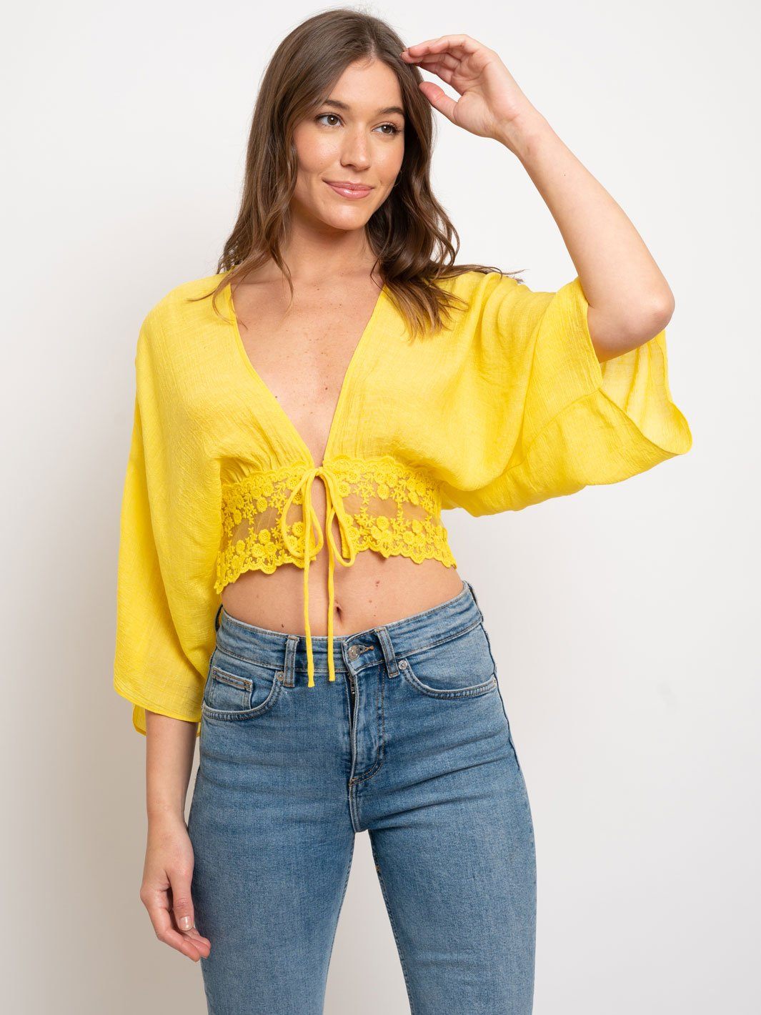 WOMEN'S LACE WRAP 3/4 SLEEVES CROP TOP