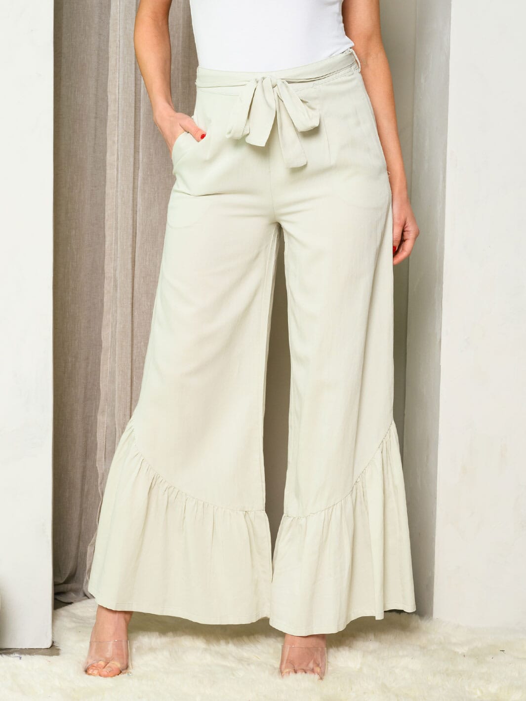 WOMEN'S RUFFLE HEM SELF TIE POCKETS PANTS