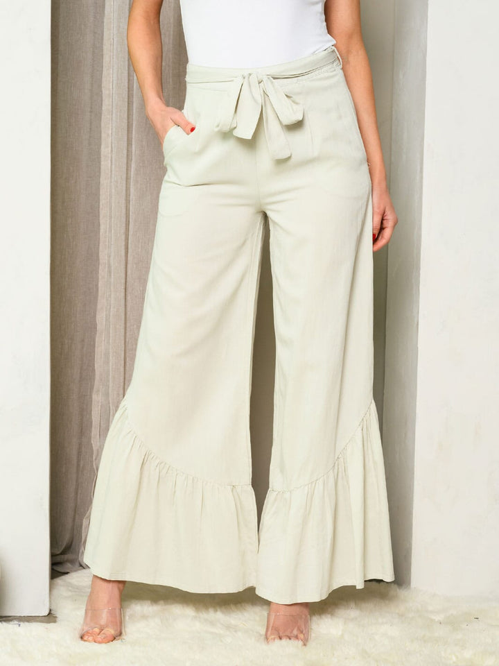 WOMEN'S RUFFLE HEM SELF TIE POCKETS PANTS