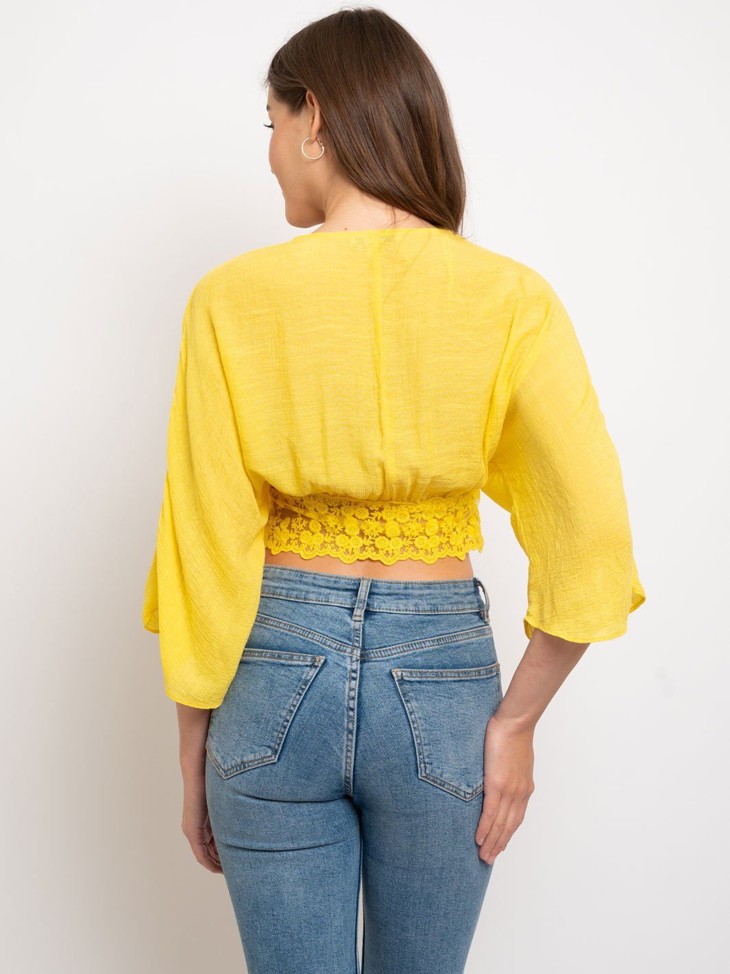 WOMEN'S LACE WRAP 3/4 SLEEVES CROP TOP