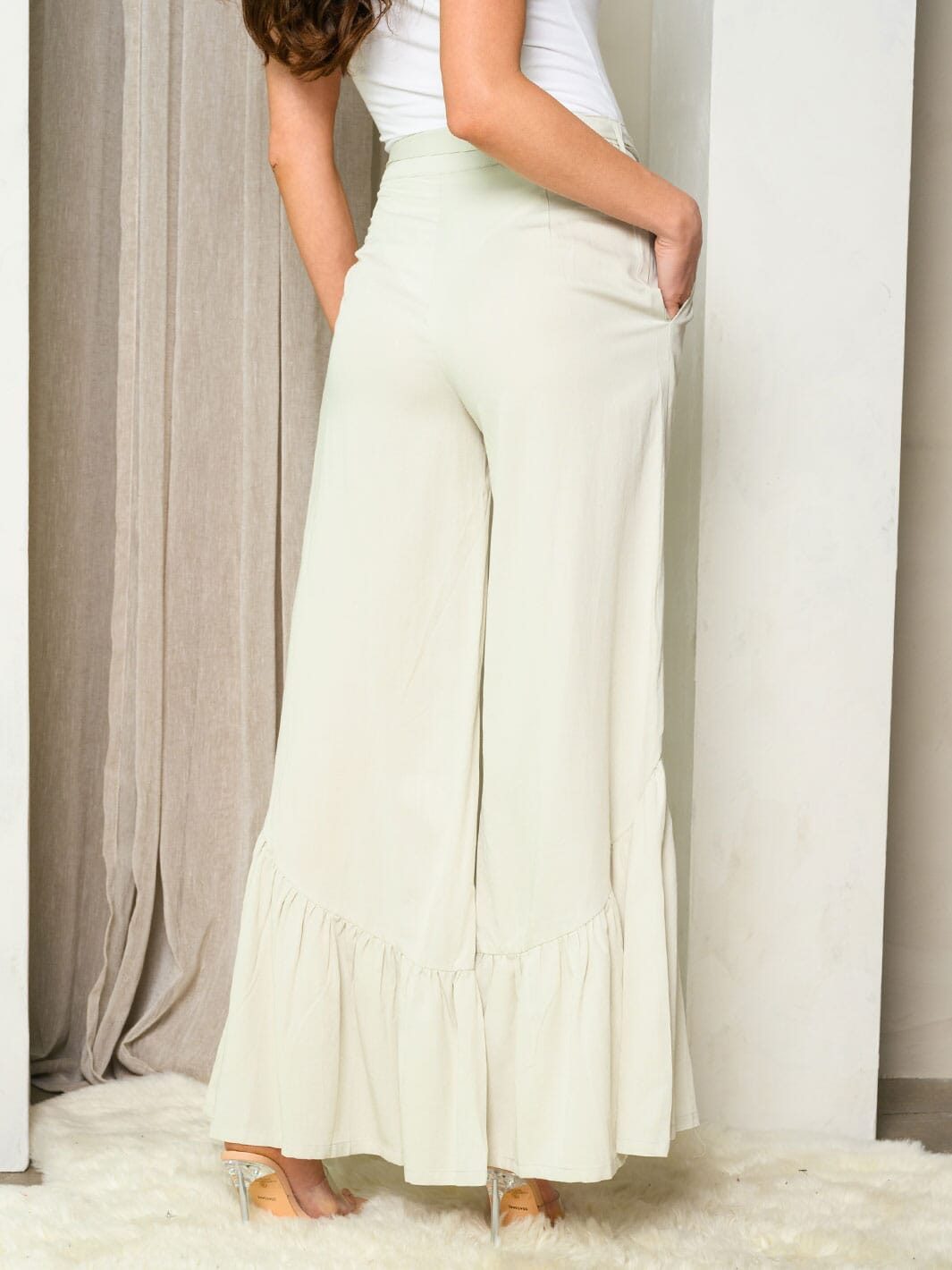 WOMEN'S RUFFLE HEM SELF TIE POCKETS PANTS