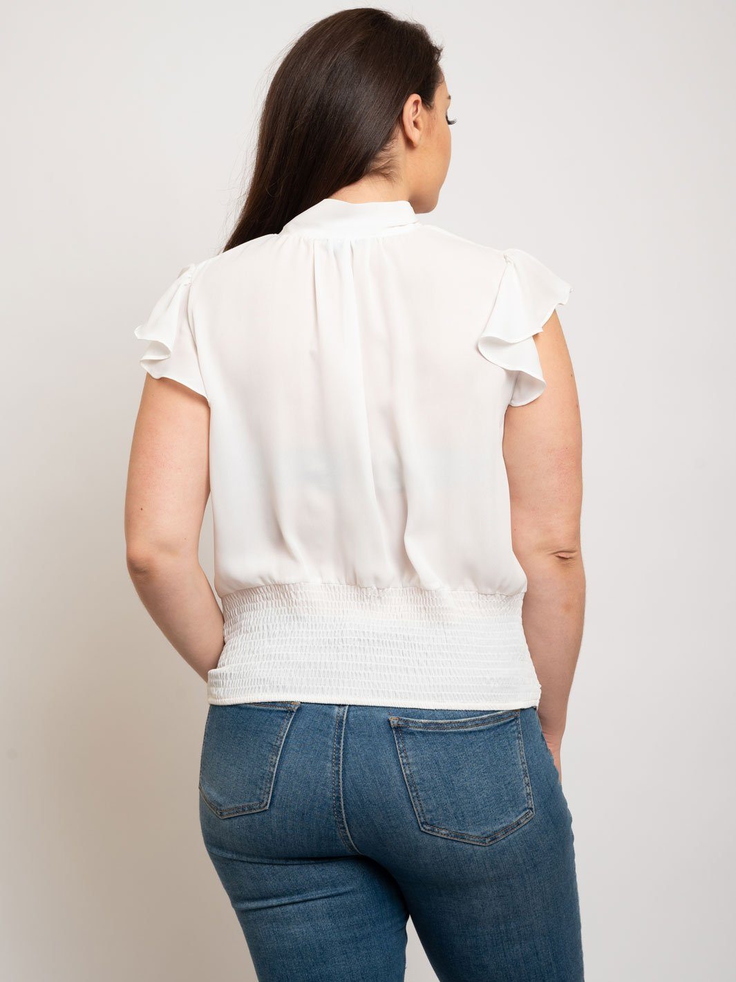 PLUS SIZE FRILL CAP SLEEVES WAIST SHIRRING TOP