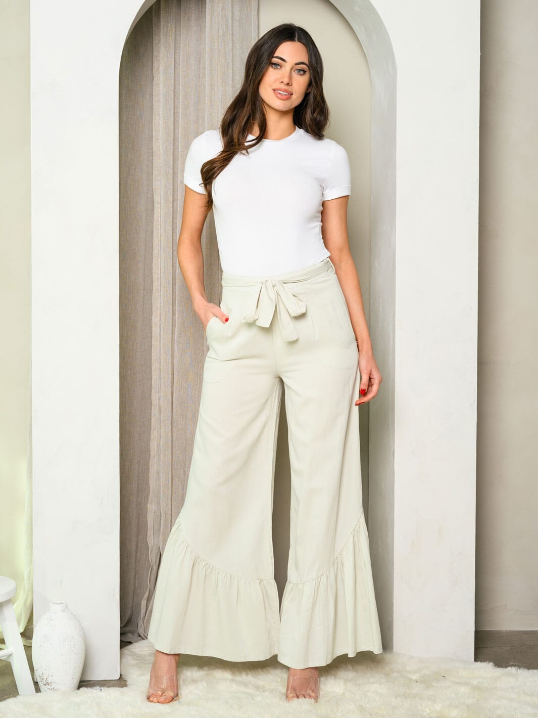 WOMEN'S RUFFLE HEM SELF TIE POCKETS PANTS