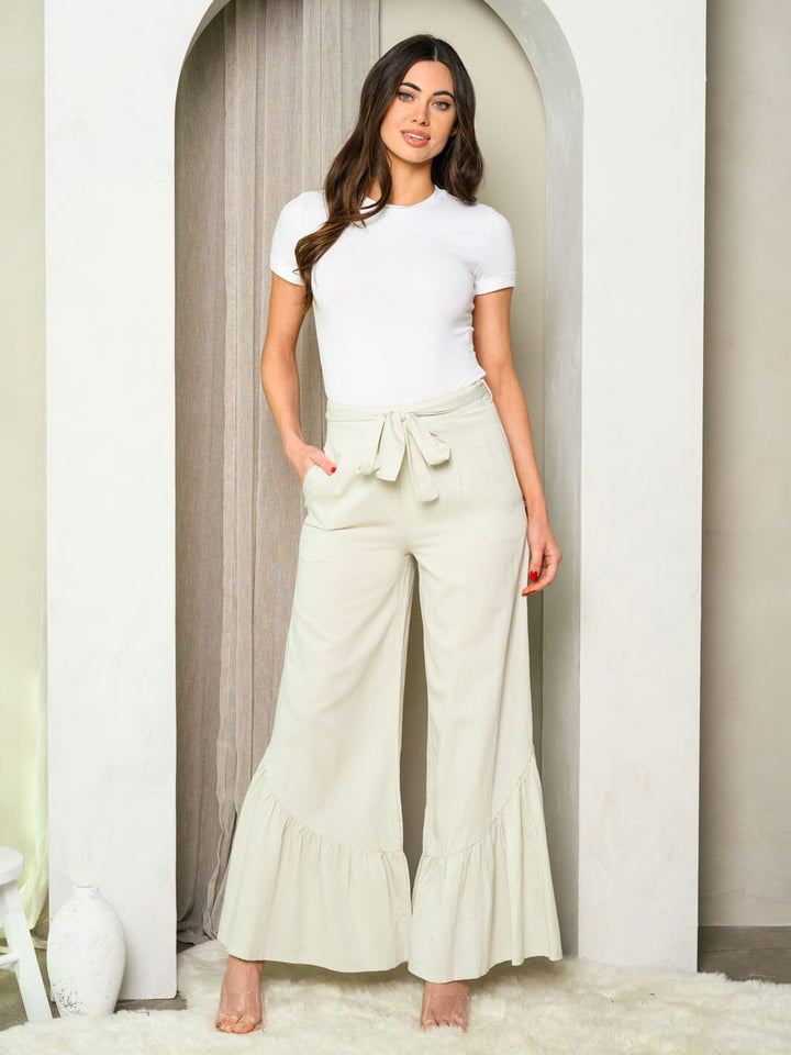 WOMEN'S RUFFLE HEM SELF TIE POCKETS PANTS
