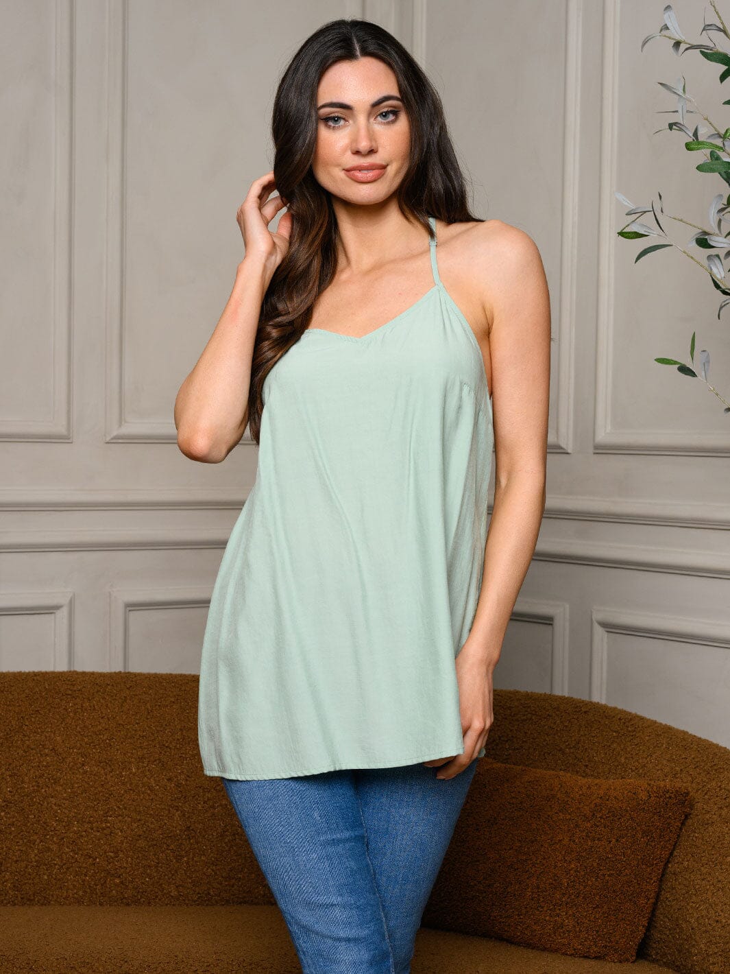 WOMEN'S SLEEVELESS V-NECK WITH BACK CROCHET TRIM CAMI TOP