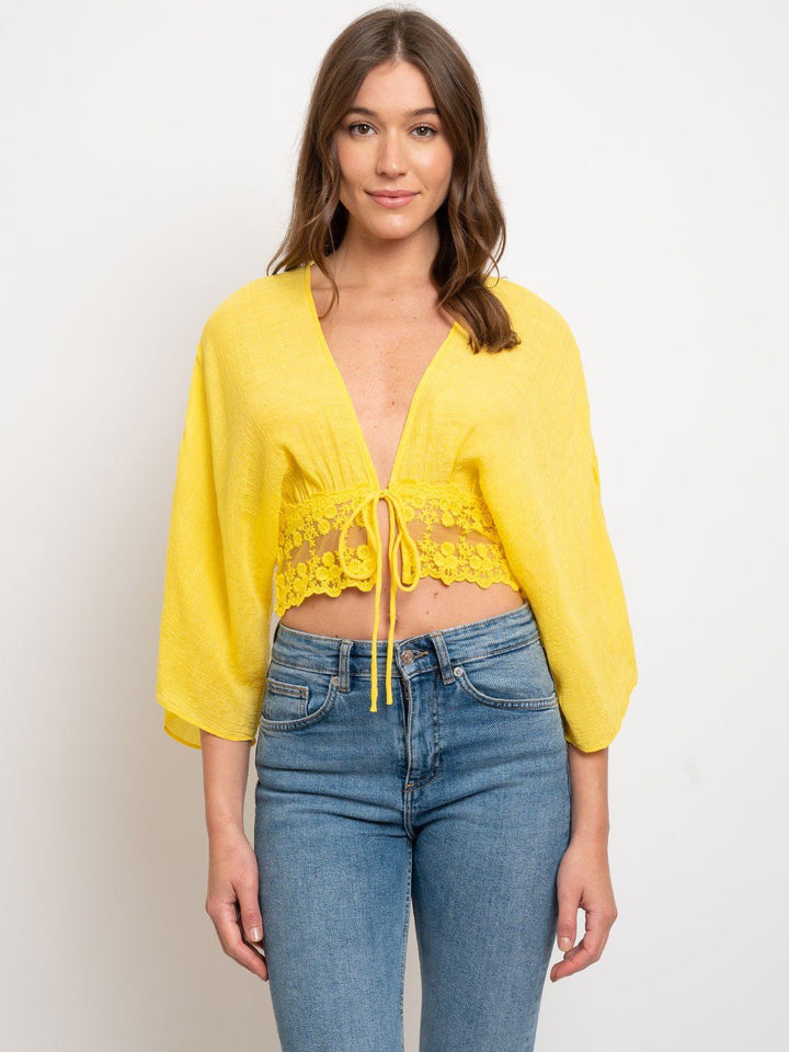 WOMEN'S LACE WRAP 3/4 SLEEVES CROP TOP