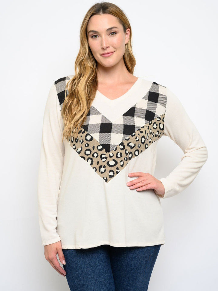 PLUS SIZE CHEVRON MULTI PRINT LONG SLEEVE TOP