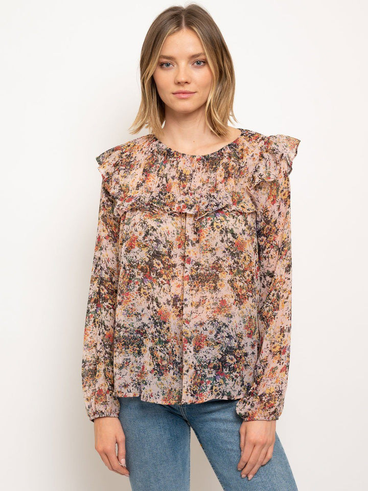 WOMEN'S RUFFLE LONG SLEEVE FLORAL TOP