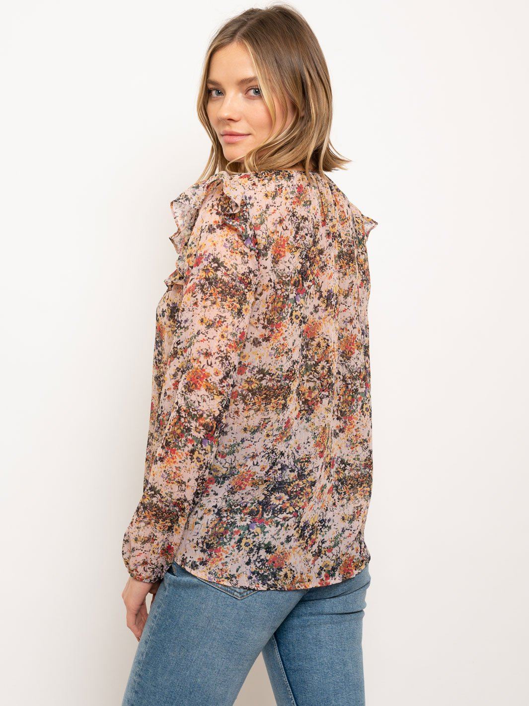 WOMEN'S RUFFLE LONG SLEEVE FLORAL TOP