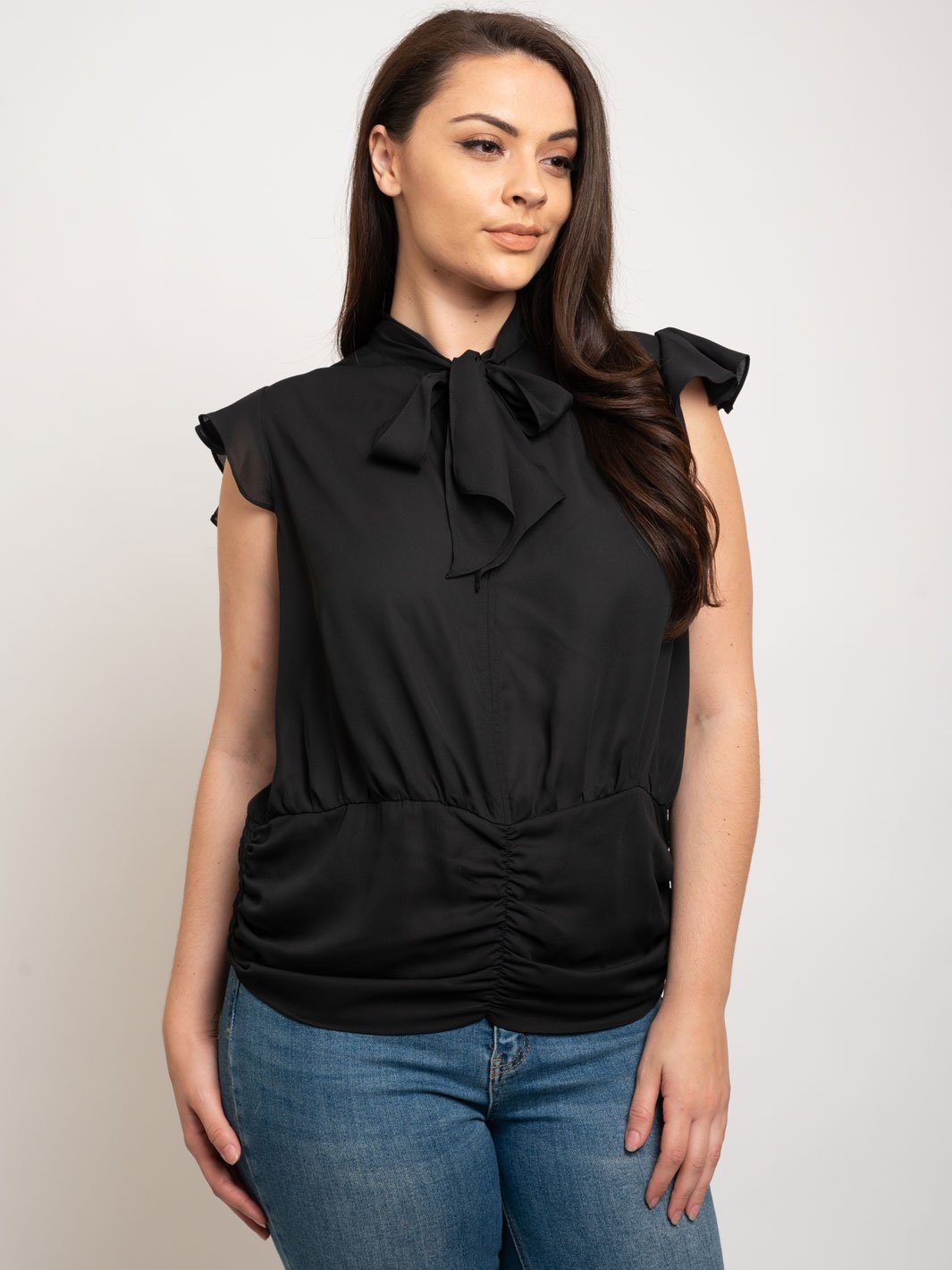 PLUS SIZE FRILL CAP SLEEVES WAIST SHIRRING TOP