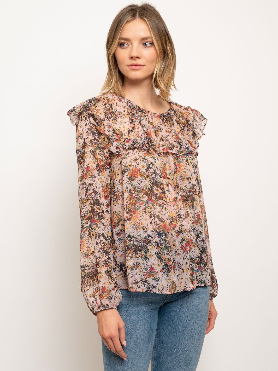 WOMEN'S RUFFLE LONG SLEEVE FLORAL TOP