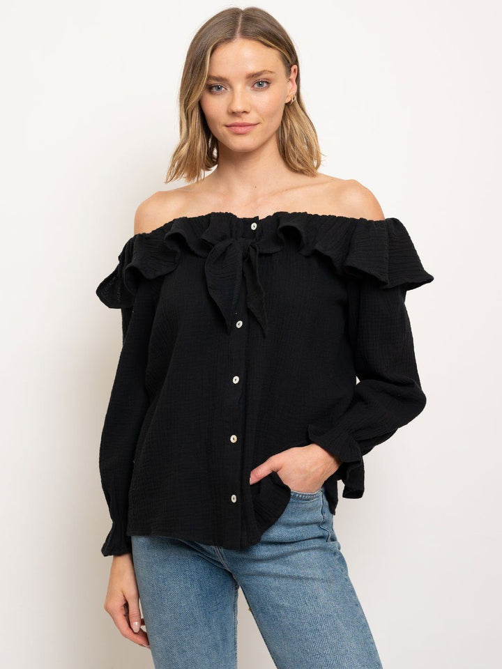 WOMEN'S OFF SHOULDER BUTTON DOWN FRONT TIE TOP