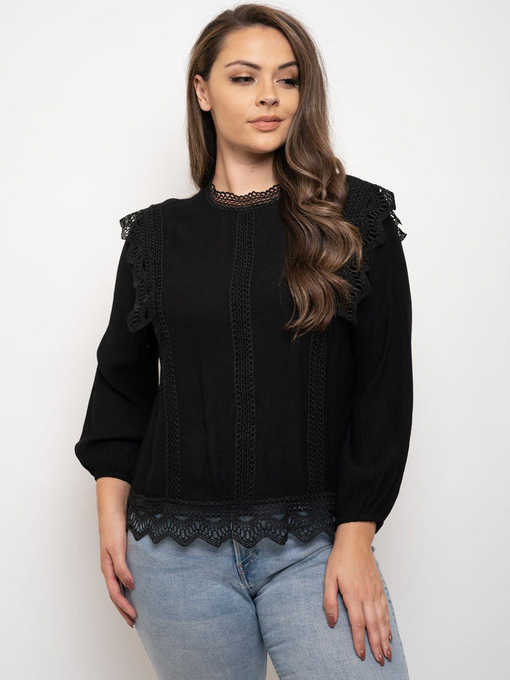 PLUS SIZE LACE TRIM LONG SLEEVE TOP