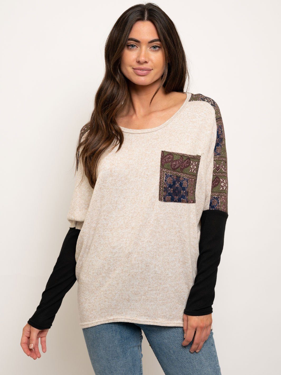 WOMEN'S DOLMAN CONTRAST LONG SLEEVE TOP