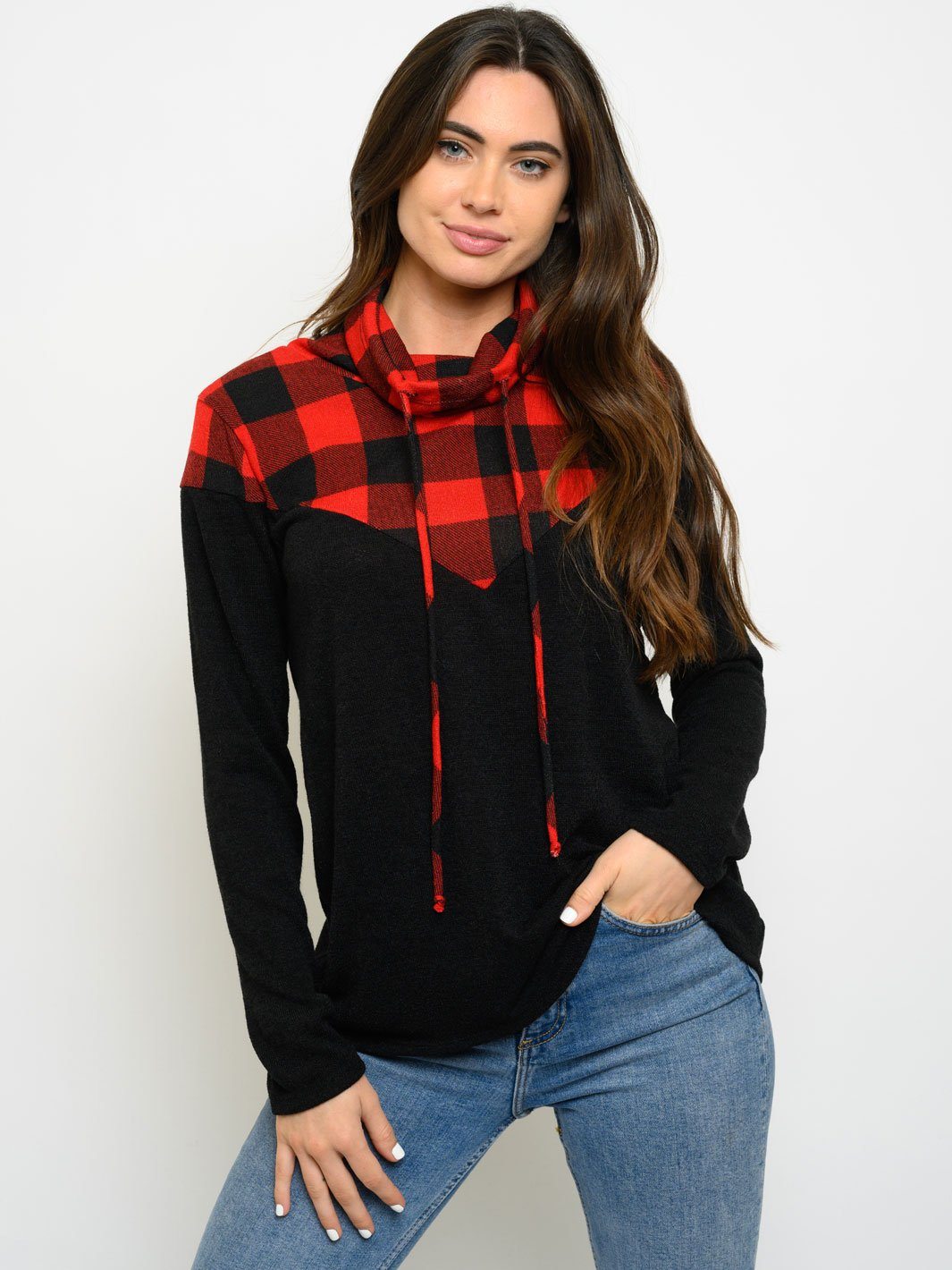 WOMEN'S TURTLE NECK LONG SLEEVE PLAID TOP