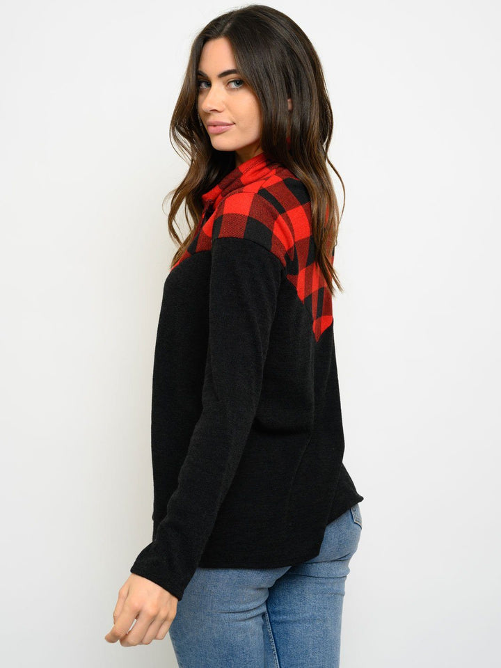 WOMEN'S TURTLE NECK LONG SLEEVE PLAID TOP