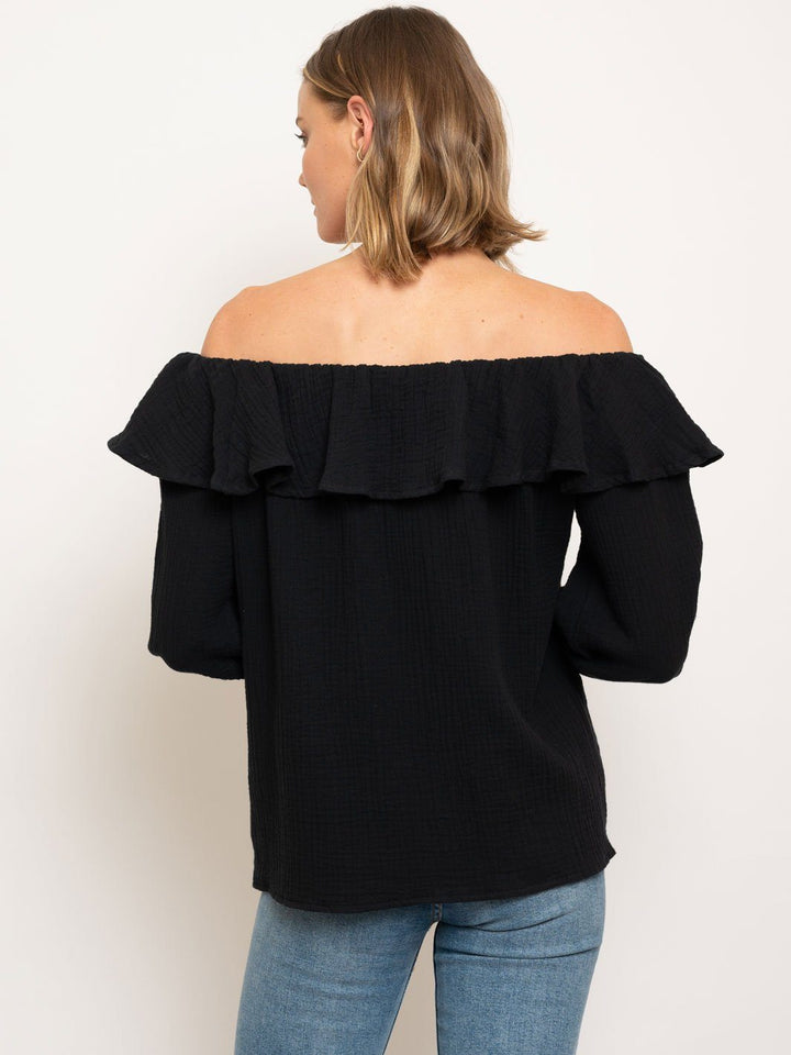 WOMEN'S OFF SHOULDER BUTTON DOWN FRONT TIE TOP