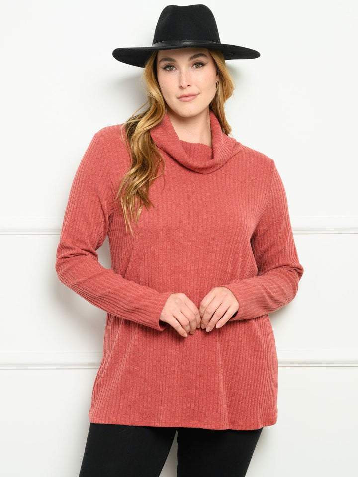 PLUS SIZE COWL NECK RIB LONG SLEEVE SWEATER
