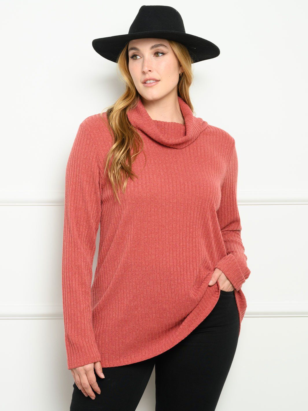 PLUS SIZE COWL NECK RIB LONG SLEEVE SWEATER