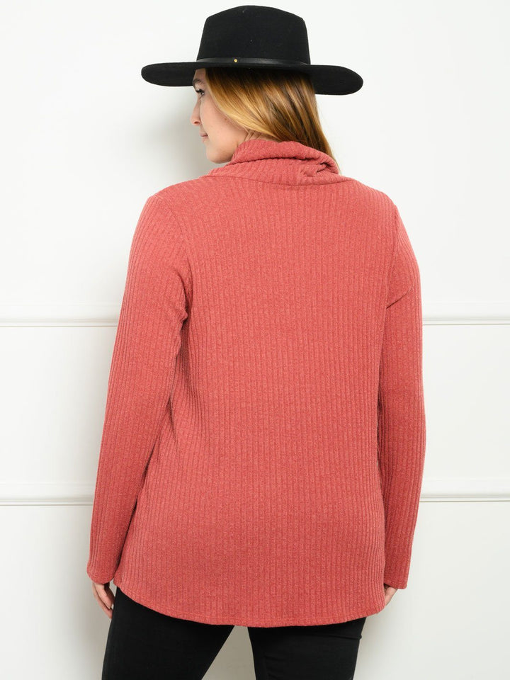 PLUS SIZE COWL NECK RIB LONG SLEEVE SWEATER