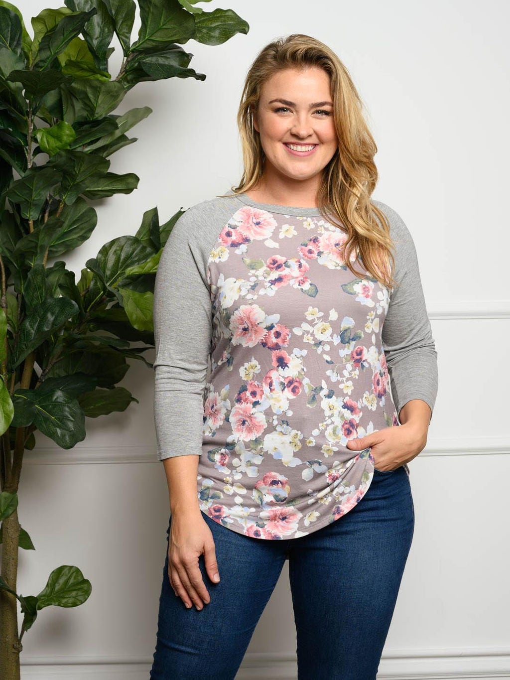 PLUS SIZE LONG SLEEVE FLORAL TUNIC TOP