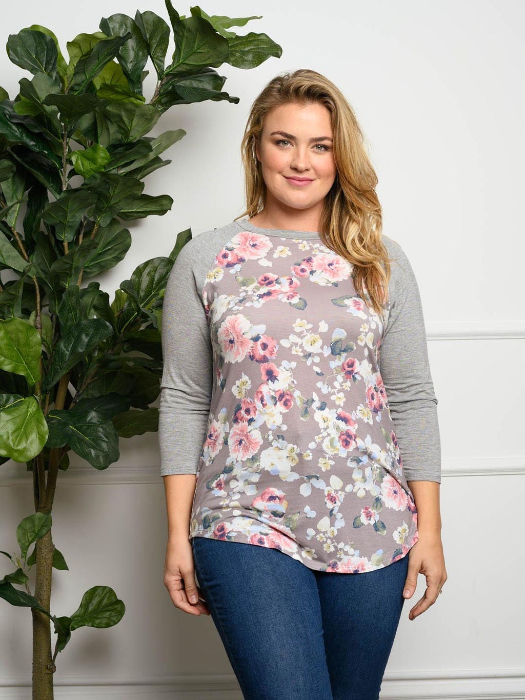 PLUS SIZE LONG SLEEVE FLORAL TUNIC TOP