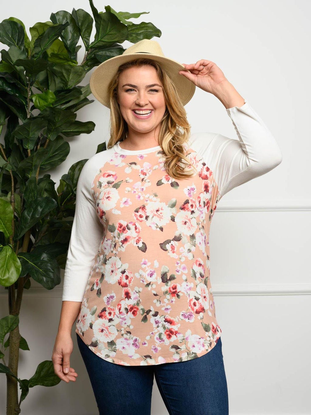 PLUS SIZE LONG SLEEVE FLORAL TUNIC TOP