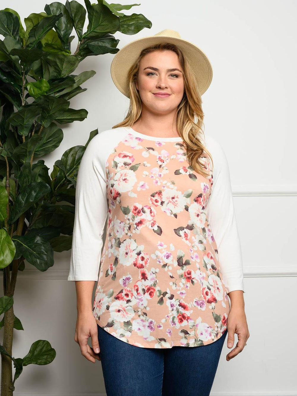 PLUS SIZE LONG SLEEVE FLORAL TUNIC TOP