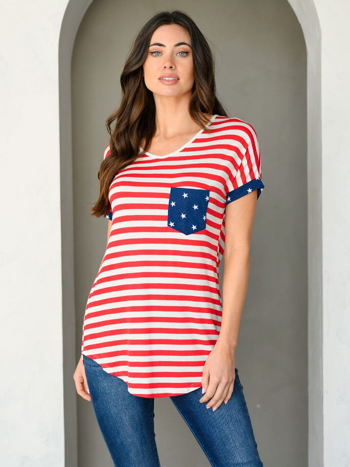 WOMEN'S SHORT SLEEVE V-NECK FRONT POCKET PATRIOTIC PRINT TOP