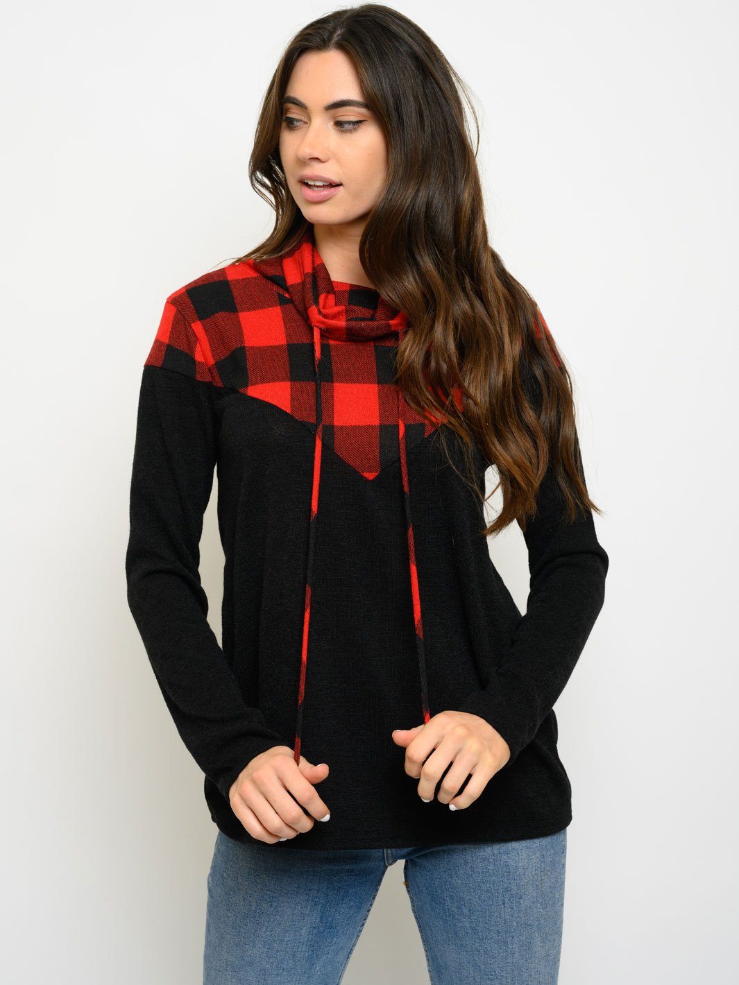 WOMEN'S TURTLE NECK LONG SLEEVE PLAID TOP