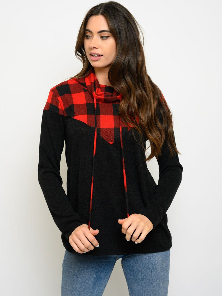 WOMEN'S TURTLE NECK LONG SLEEVE PLAID TOP
