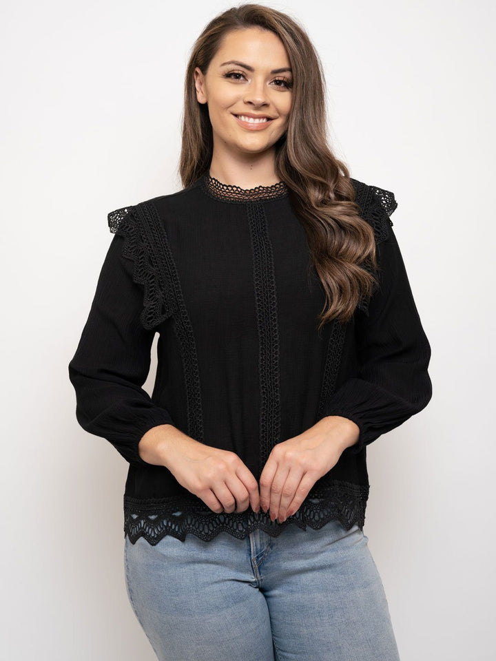 PLUS SIZE LACE TRIM LONG SLEEVE TOP